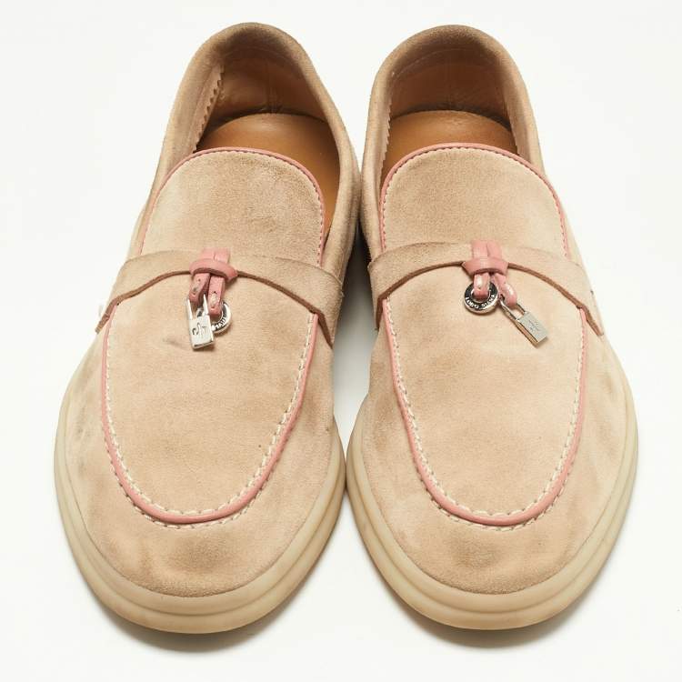 Pre Owned Loro Piana Beige/Pink Suede Summer Charms Walk Loafers Size 36.5