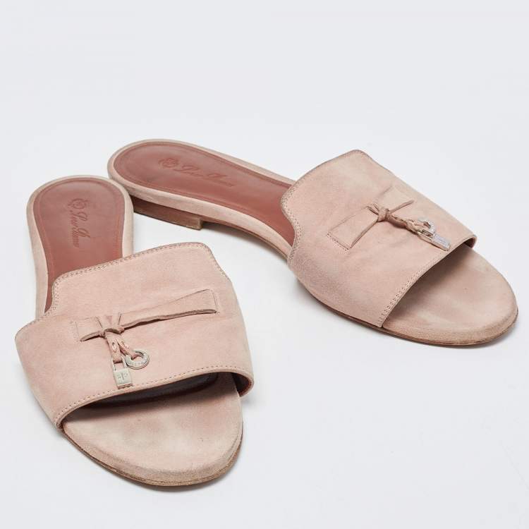 Pre Owned Loro Piana Light Pink Suede Summer Charms Flat Slides Size 40