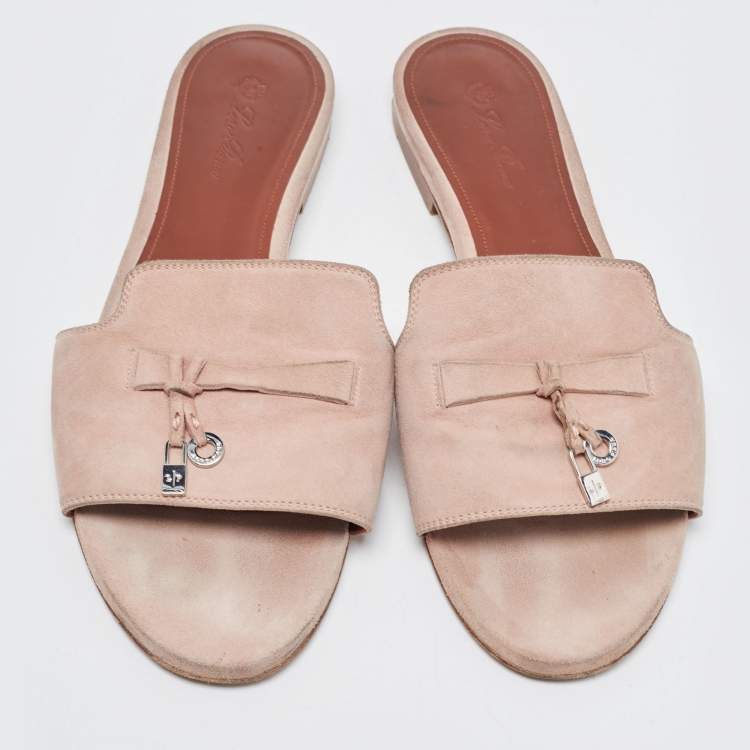 Pre Owned Loro Piana Light Pink Suede Summer Charms Flat Slides Size 40