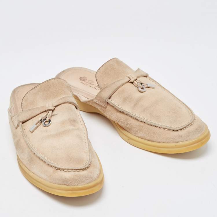 Pre Owned Loro Piana Beige Suede Babouche Charms Walk Flat Mules Size 37.5