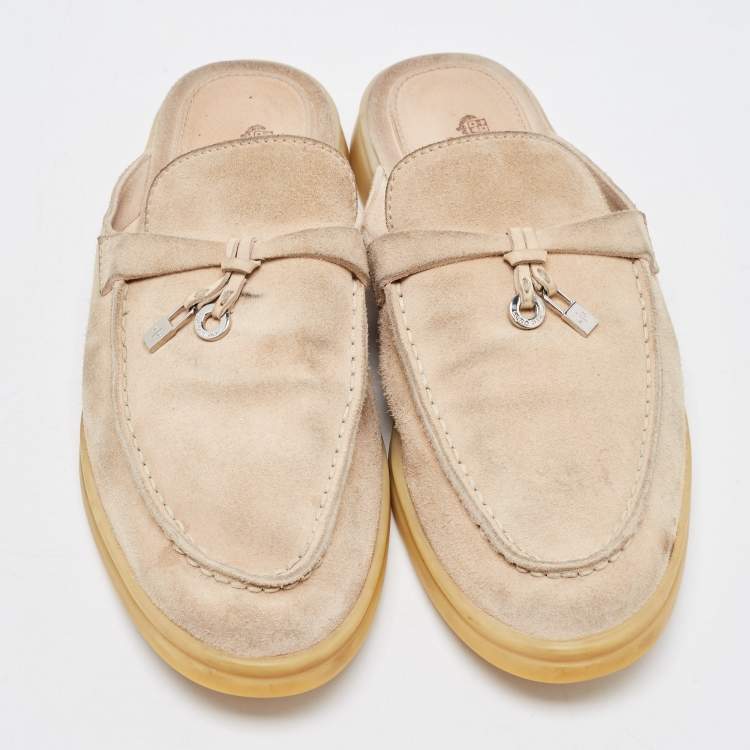 Pre Owned Loro Piana Beige Suede Babouche Charms Walk Flat Mules Size 37.5