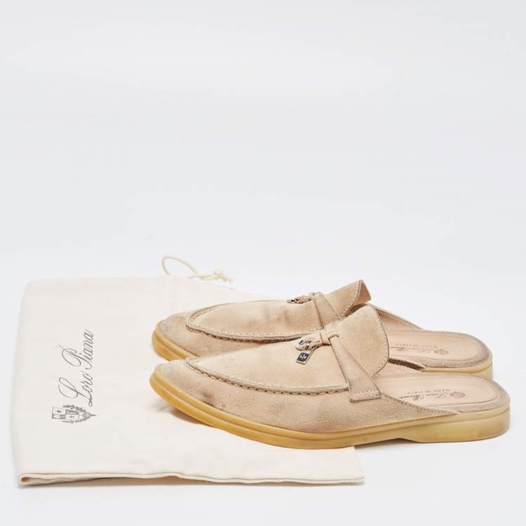 Pre Owned Loro Piana Beige Suede Babouche Charms Walk Flat Mules Size 37.5