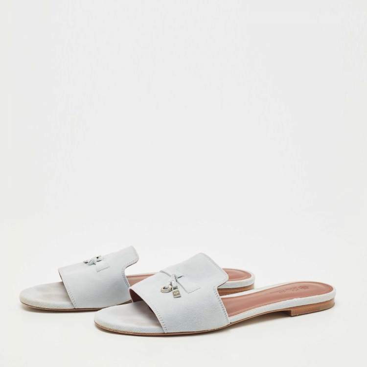 Pre Owned Loro Piana Blue Suede Summer Charm Flat Slides Size 40 