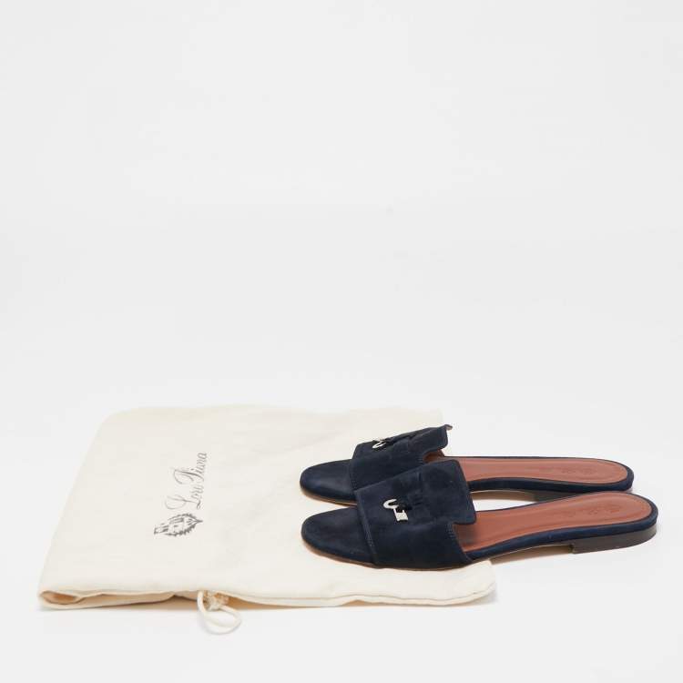 Pre Owned Loro Piana Navy Blue Suede Summer Charms Walk Slides Size 36