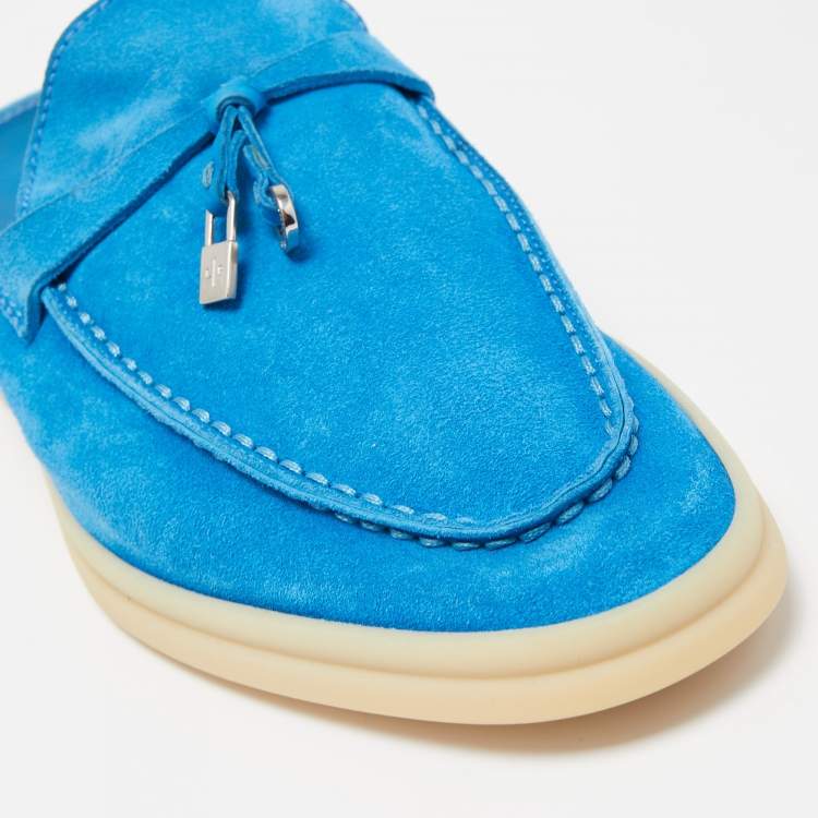 Pre Owned Loro Piana Blue Suede Babouche Charms Walk Mules Size 37