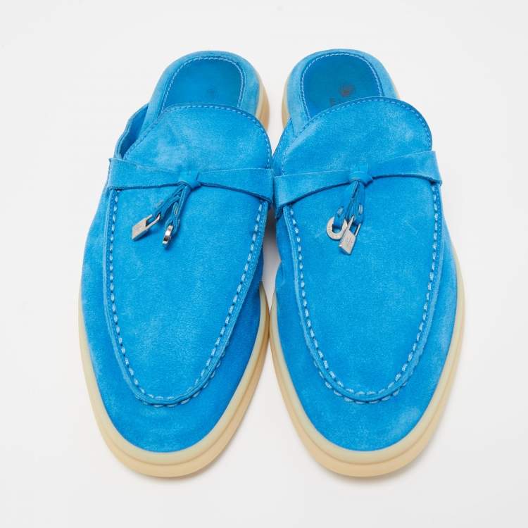 Pre Owned Loro Piana Blue Suede Babouche Charms Walk Mules Size 37