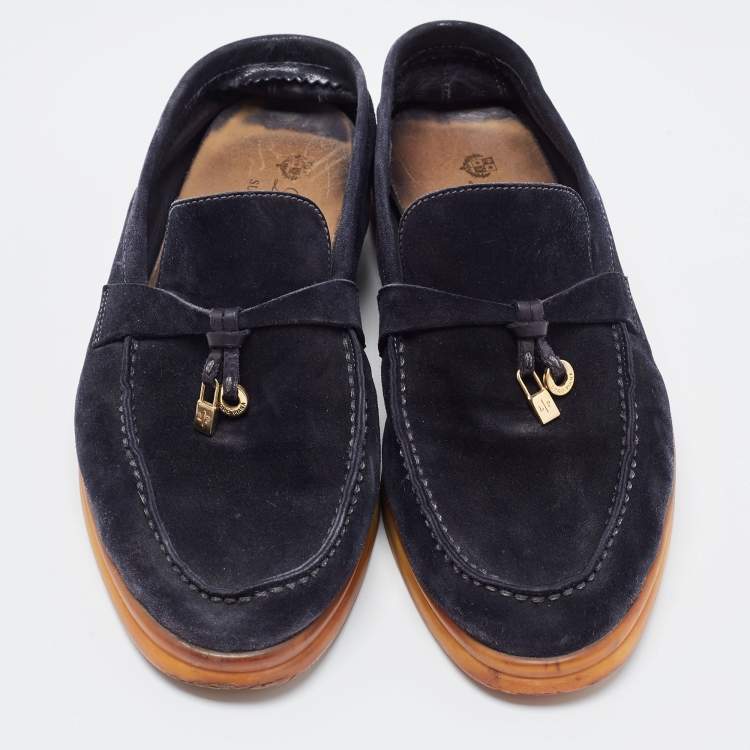 Pre Owned Loro Piana Navy Blue Suede Summer Charms Walk Loafers Size 38.5 