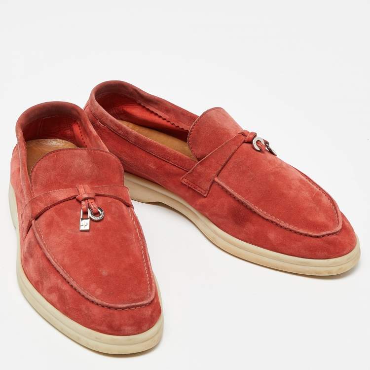 Pre Owned Loro Piana Orange Suede Summer Charms Walk Slip On Loafers Size 39