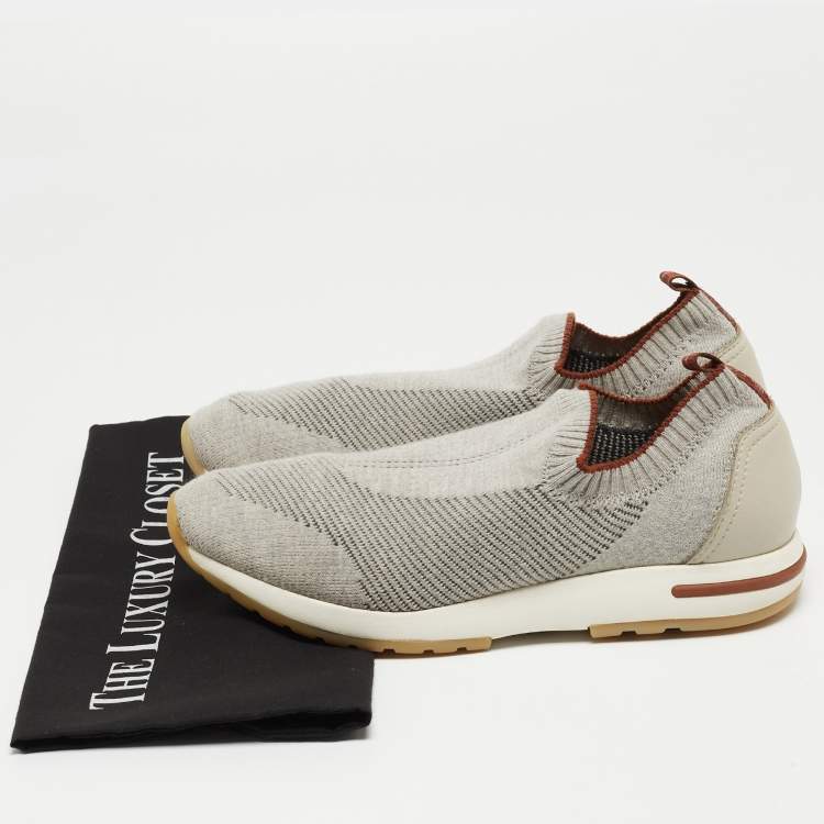 Pre Owned Loro Piana Grey Knit Fabric and Leather 360 LP Flexy Walk Sneakers Size 39
