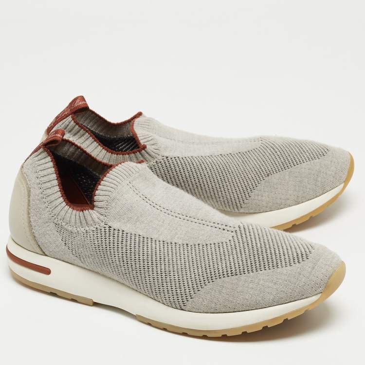 Pre Owned Loro Piana Grey Knit Fabric and Leather 360 LP Flexy Walk Sneakers Size 39