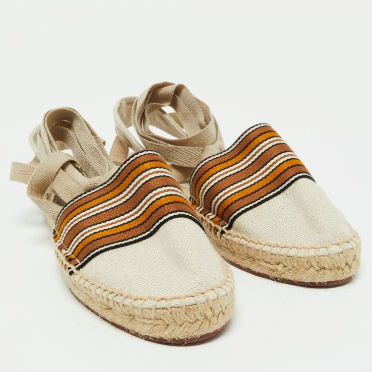 Pre Owned Loro Piana Cream/Brown Canvas Ankle Wrap Espadrille Flats Size 37