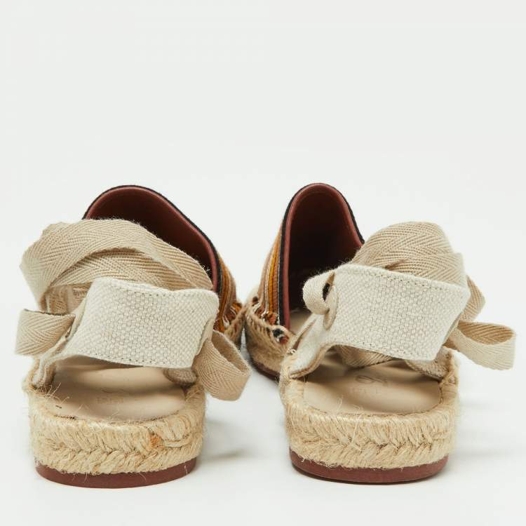 Pre Owned Loro Piana Cream/Brown Canvas Ankle Wrap Espadrille Flats Size 37