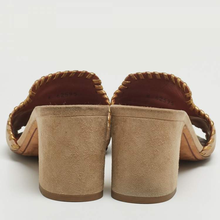 Pre Owned Loro Piana Beige Suede Charms Block Heel Slide Sandals Size 38.5
