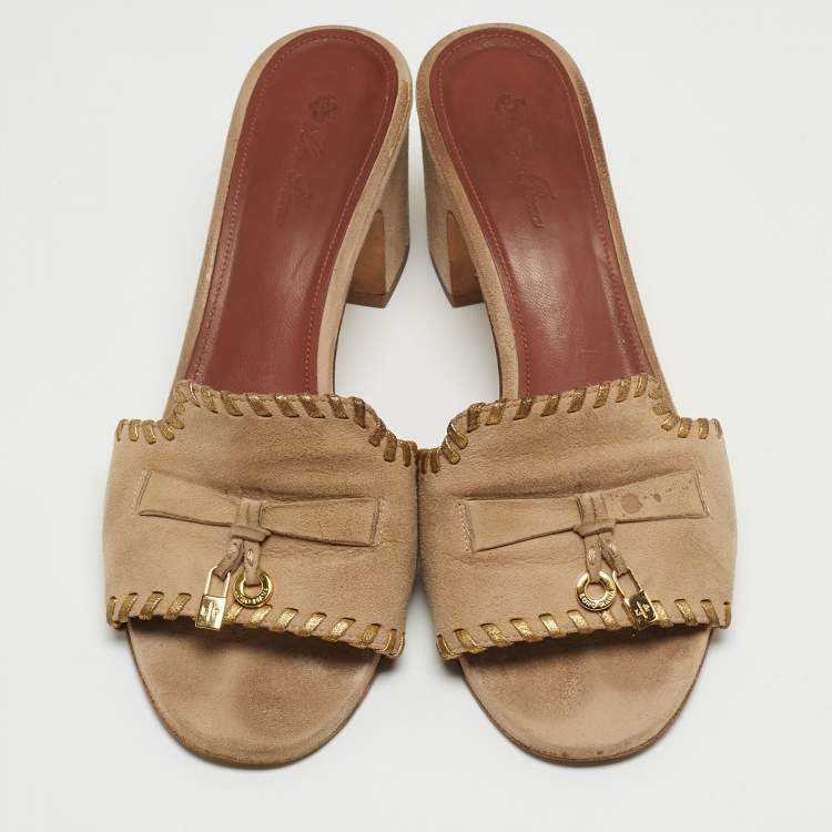Pre Owned Loro Piana Beige Suede Charms Block Heel Slide Sandals Size 38.5
