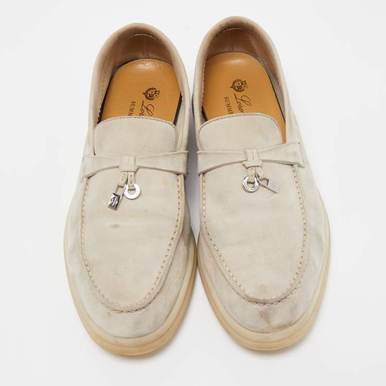 Pre Owned Loro Piana Beige Suede Summer Charms Walk Slip On Loafers Size 37.5