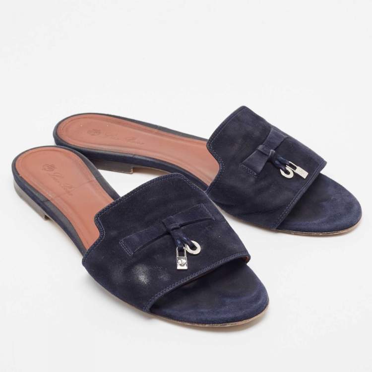 Pre Owned Loro Piana Blue Suede Flat Slides Size 40