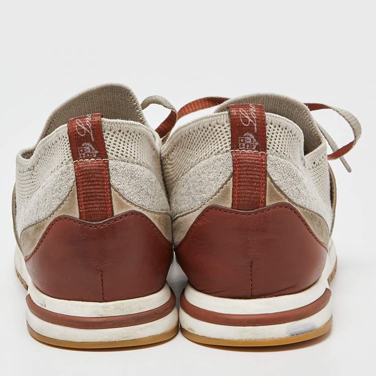 Pre Owned Loro Piana Grey/Brown Knit Fabric and Leather 360 LP Lady Flexi Walk Sneakers Size 37