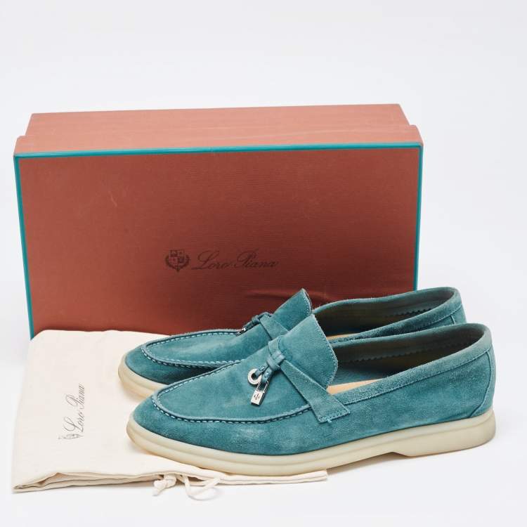 Pre Owned Loro Piana Green Suede Summer Charms Walk Slip On Loafers Size 37.5