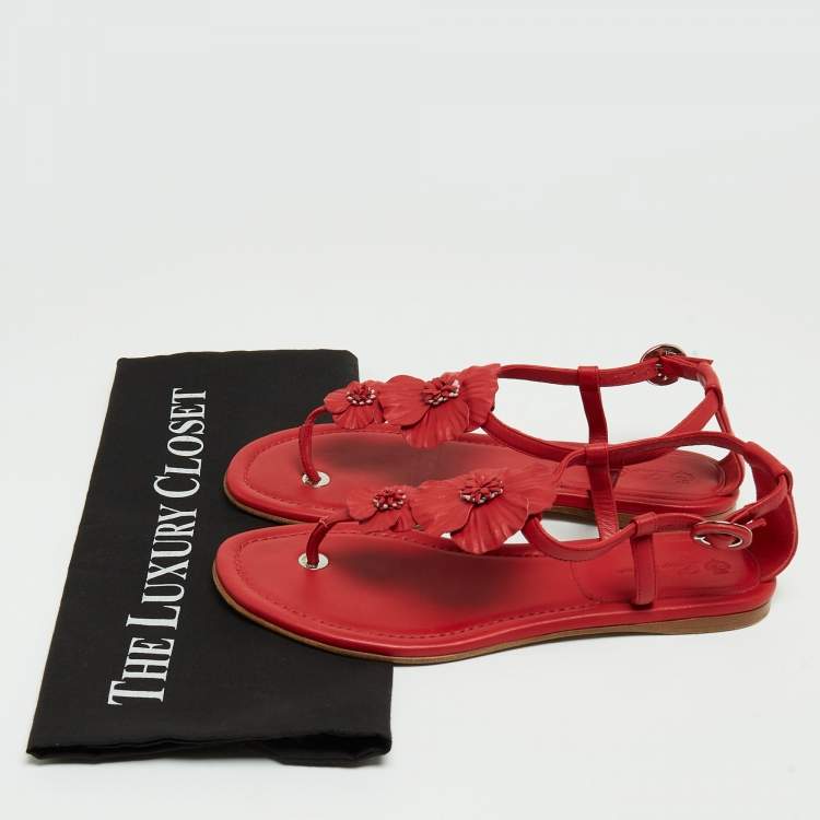 Pre Owned Loro Piana Red Leather Floral Applique Ankle Strap Flat Sandals Size 37