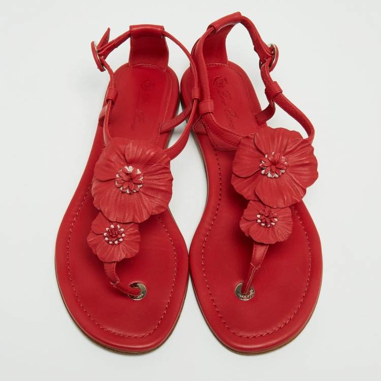 Pre Owned Loro Piana Red Leather Floral Applique Ankle Strap Flat Sandals Size 37