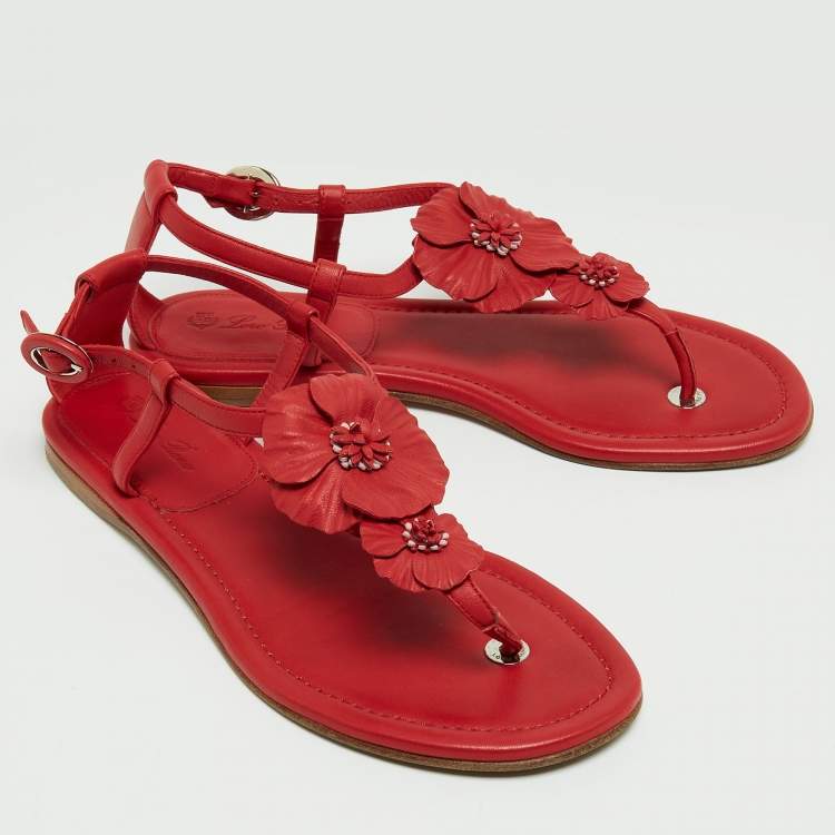 Pre Owned Loro Piana Red Leather Floral Applique Ankle Strap Flat Sandals Size 37