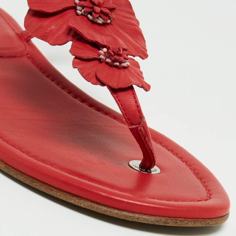 Pre Owned Loro Piana Red Leather Floral Applique Ankle Strap Flat Sandals Size 37
