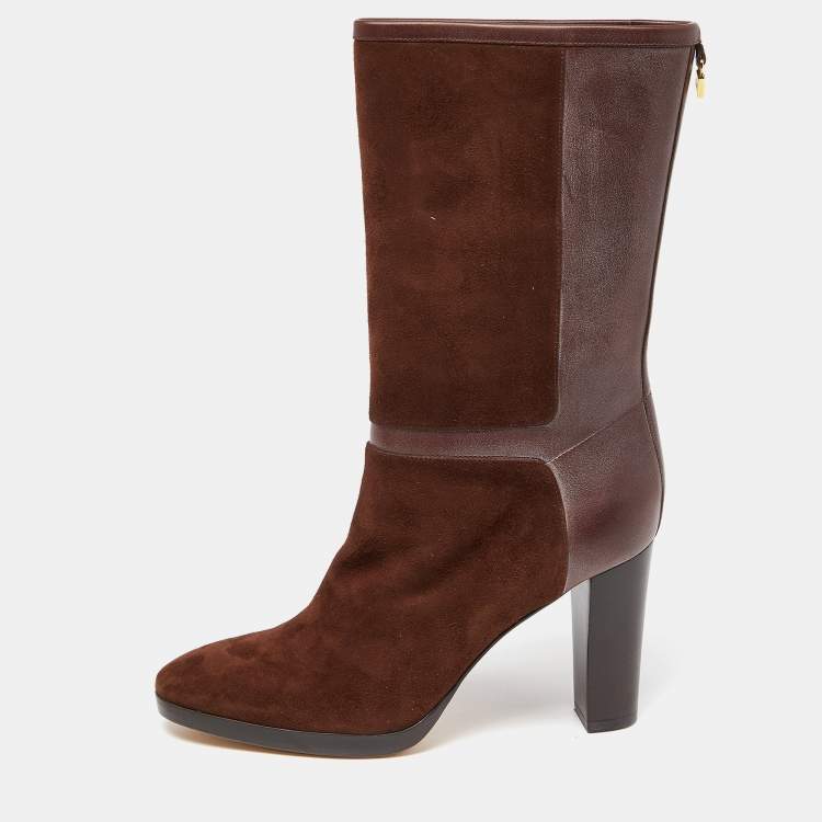 مملوكة مسبقًا Loro Piana Brown Suede and Leather Knee Length Boots Size 38.5