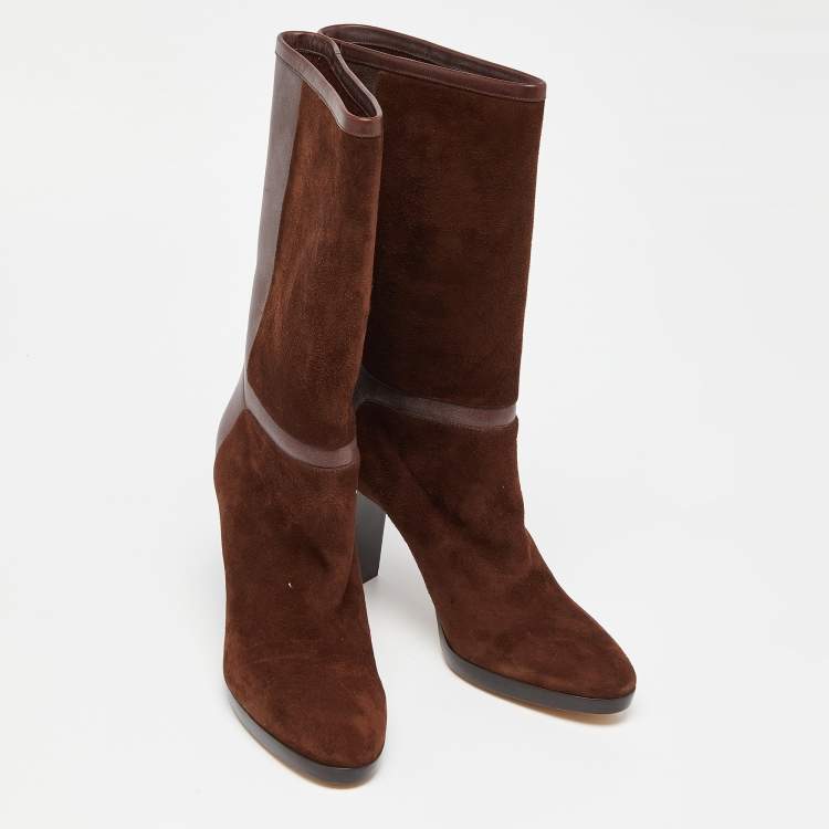 مملوكة مسبقًا Loro Piana Brown Suede and Leather Knee Length Boots Size 38.5