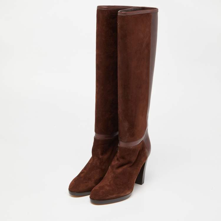 Pre Owned Loro Piana Brown Suede and Leather Knee Length Boots Size 36