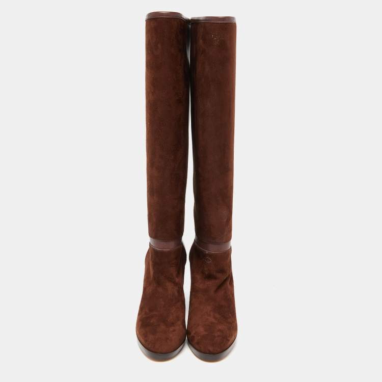 Pre Owned Loro Piana Brown Suede and Leather Knee Length Boots Size 36