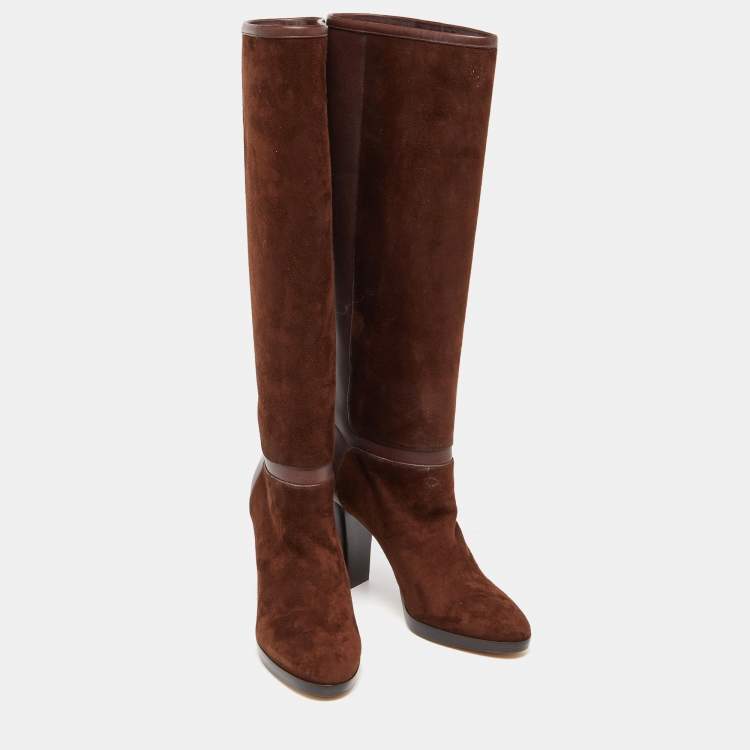 Pre Owned Loro Piana Brown Suede and Leather Knee Length Boots Size 36