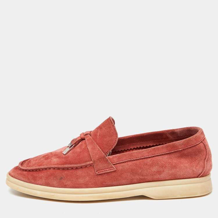 Pre Owned Loro Piana Coral Red Suede Summer Charms Walk Loafers Size 36.5