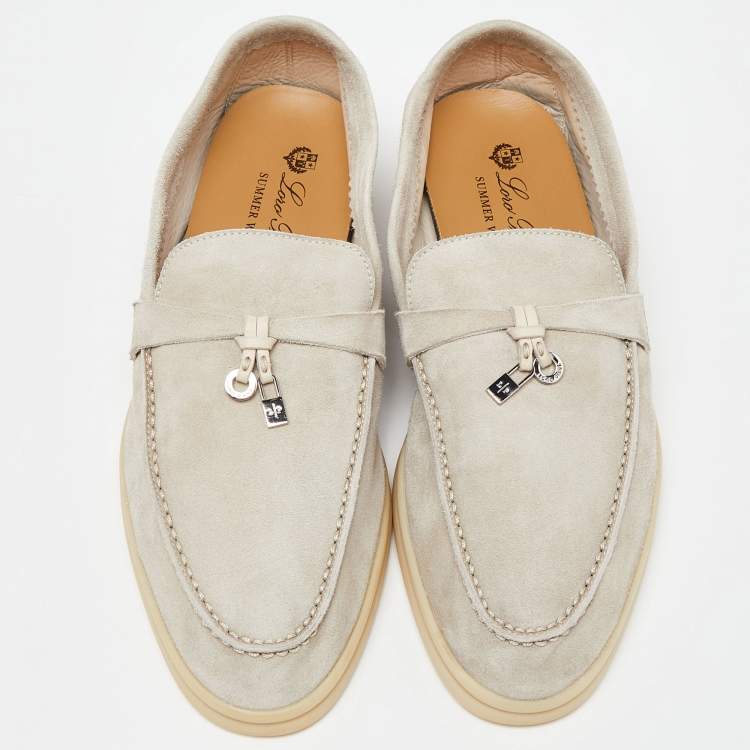 Pre Owned Loro Piana Light Grey Suede Summer Charms Walk Slip On Loafers Size 39