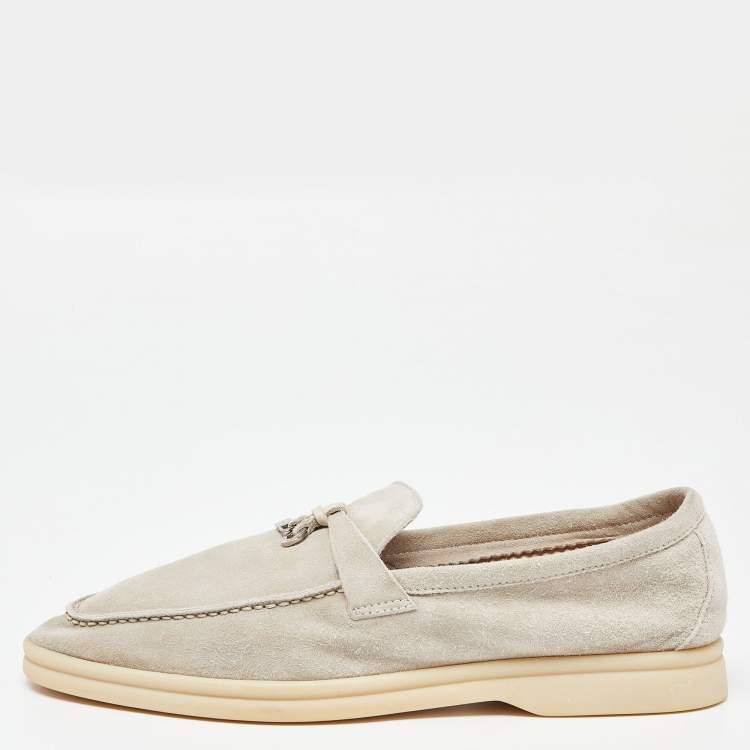 Pre Owned Loro Piana Light Grey Suede Summer Charms Walk Slip On Loafers Size 39