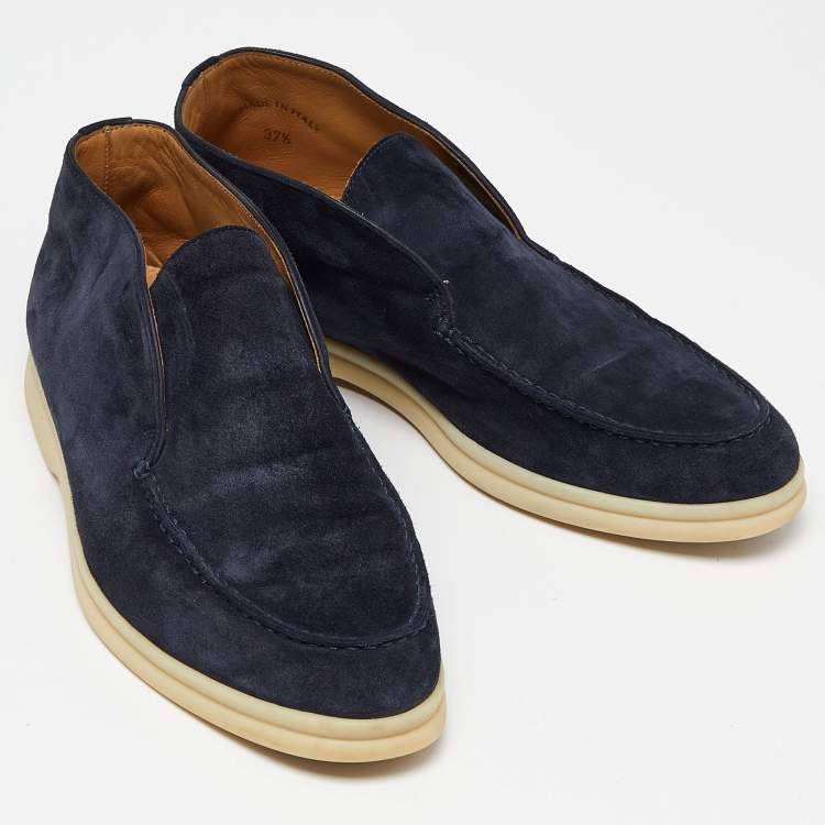 Pre Owned Loro Piana Navy Blue Suede Open Walk Ankle Boots Size 37.5