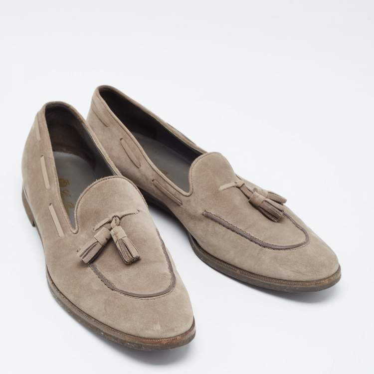Pre Owned Loro Piana Grey Suede Fringe Detail Slip On Loafers Size 39