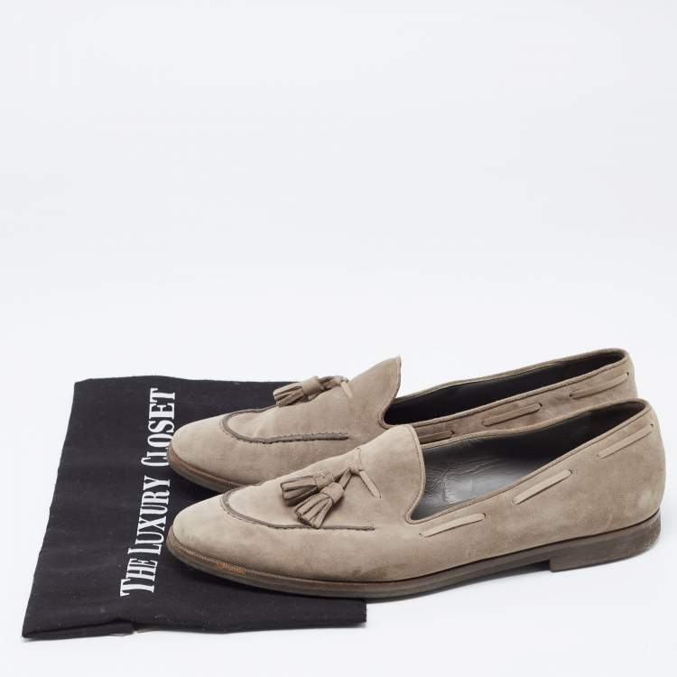 Pre Owned Loro Piana Grey Suede Fringe Detail Slip On Loafers Size 39