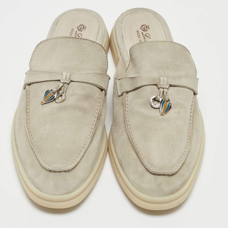 Pre Owned Loro Piana Grey Suede Babouche Charms Walk Mules Size 42