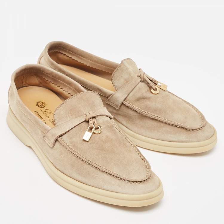 Pre Owned Loro Piana Beige Suede Summer Charms Walk Loafers Size 35.5
