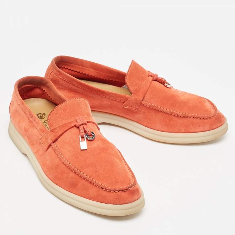 Pre Owned Loro Piana Orange Suede Summer Charms Walk Loafers Size 35