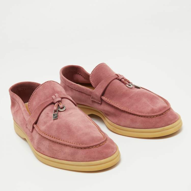 Pre Owned Loro Piana Pink Suede Summer Charms Walk  Loafers Size 38