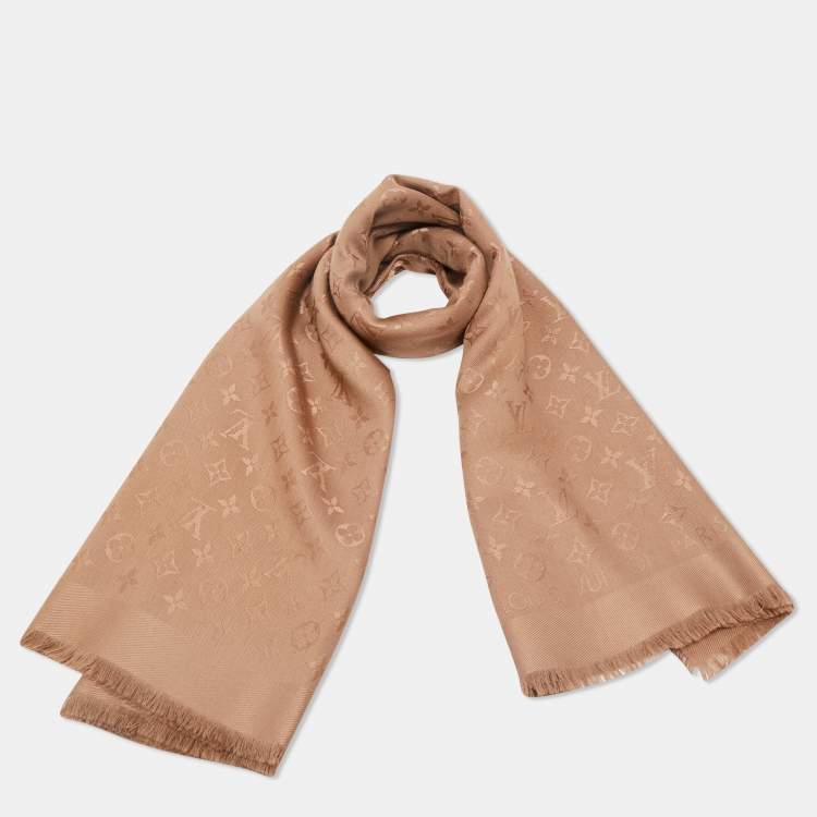Pre Owned Louis Vuitton Cappuccino Silk & Wool Monogram Shawl 