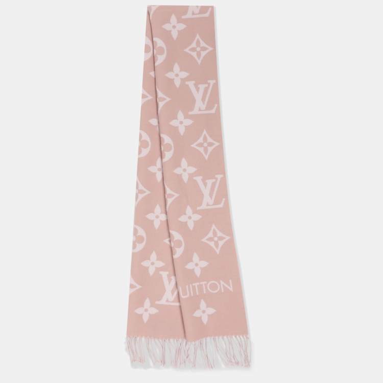 Pre Owned Louis Vuitton Pink/Off White Monogram Wool Scarf