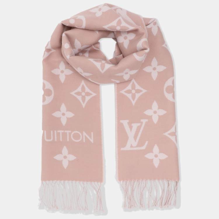 Pre Owned Louis Vuitton Pink/Off White Monogram Wool Scarf