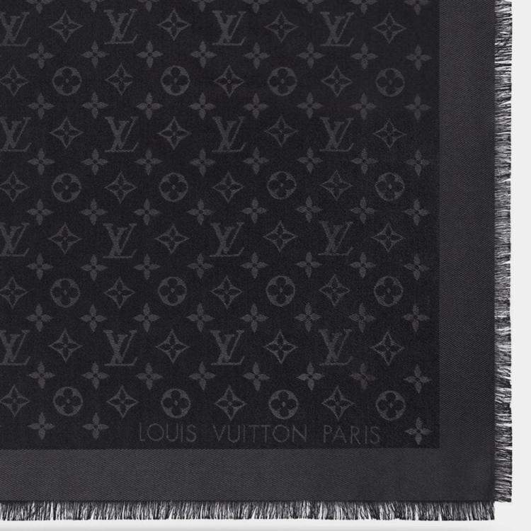 Pre Owned Louis Vuitton Charcoal Grey Monogram Silk and Wool Shawl