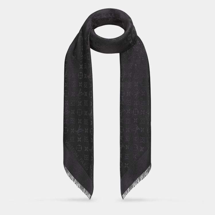 Pre Owned Louis Vuitton Charcoal Grey Monogram Silk and Wool Shawl