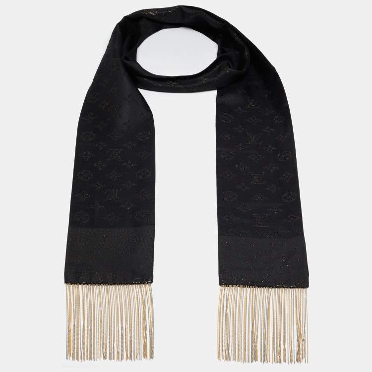 Pre Owned Louis Vuitton Black Monogram Silk Fringed Bandeau Scarf