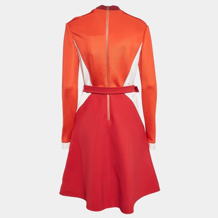 Pre Owned Louis Vuitton Orange Stretch Knit Belted Shirt Skirt L
