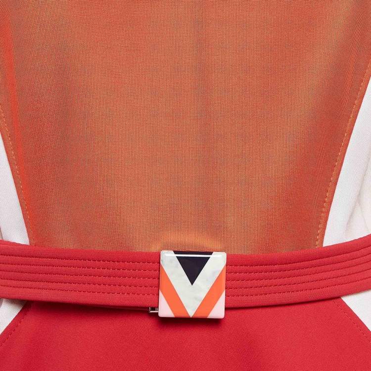 Pre Owned Louis Vuitton Orange Stretch Knit Belted Shirt Skirt L
