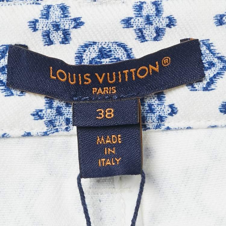 Pre Owned Louis Vuitton White Monogram Print Denim Leather Badge Detail Mini Skirt M
